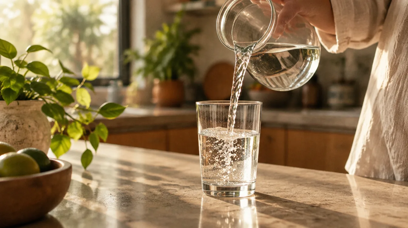 Se sirve un vaso de agua en la barra de una cocina