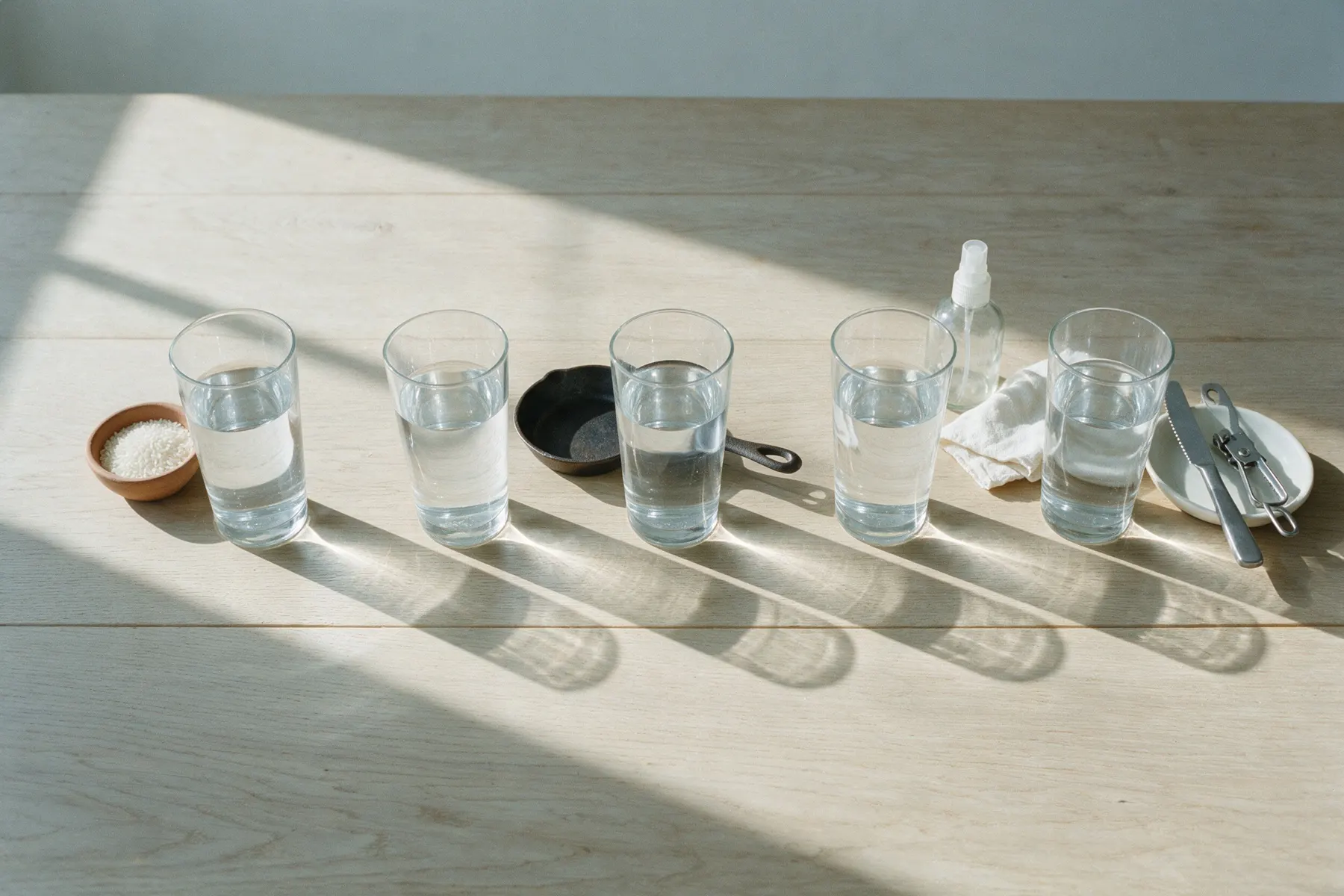 Cinco vasos iguales de agua en fila; junto a cada uno, el objeto de su oficio