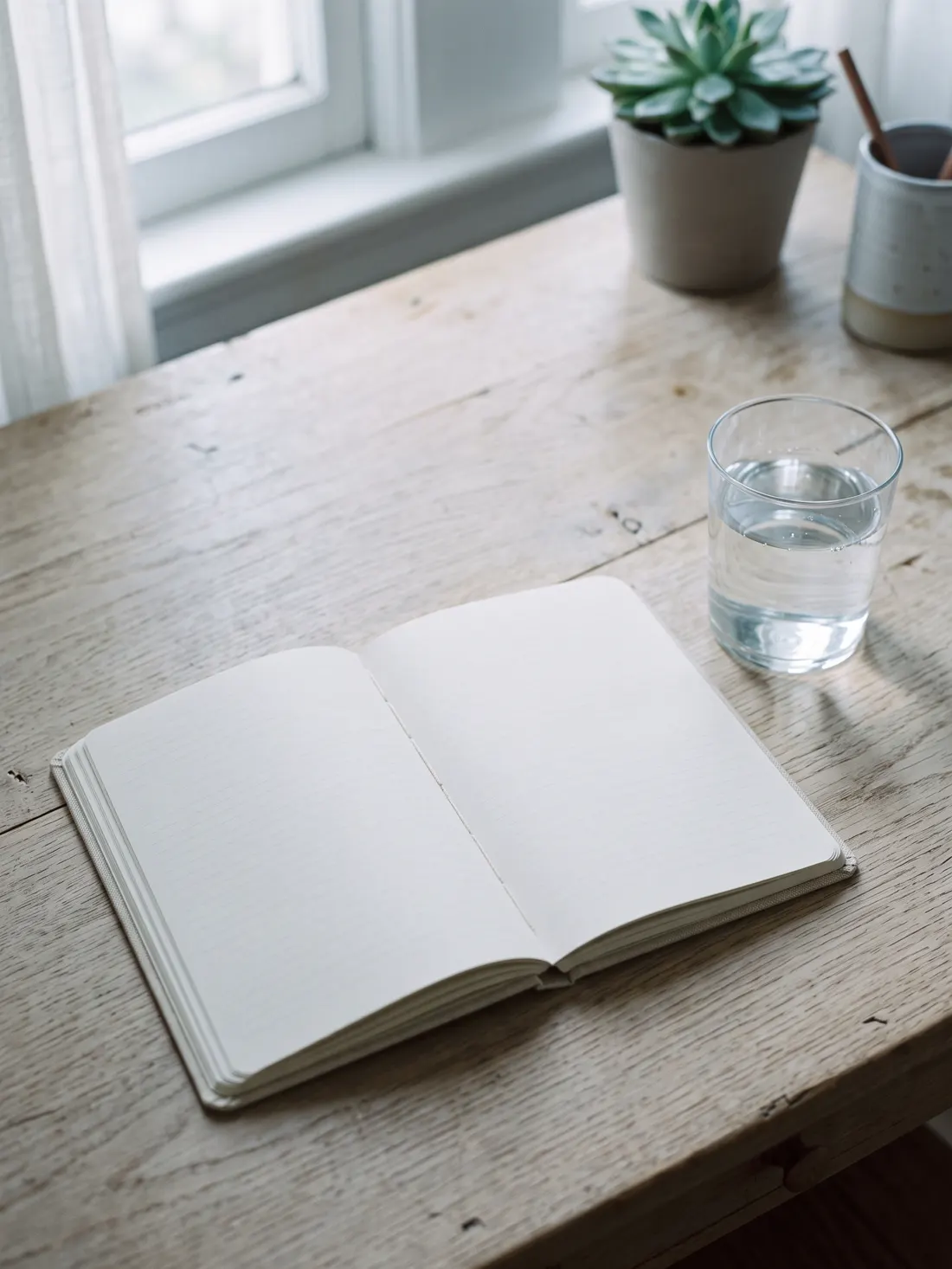Un cuaderno abierto junto a un vaso de agua, sobre una mesa