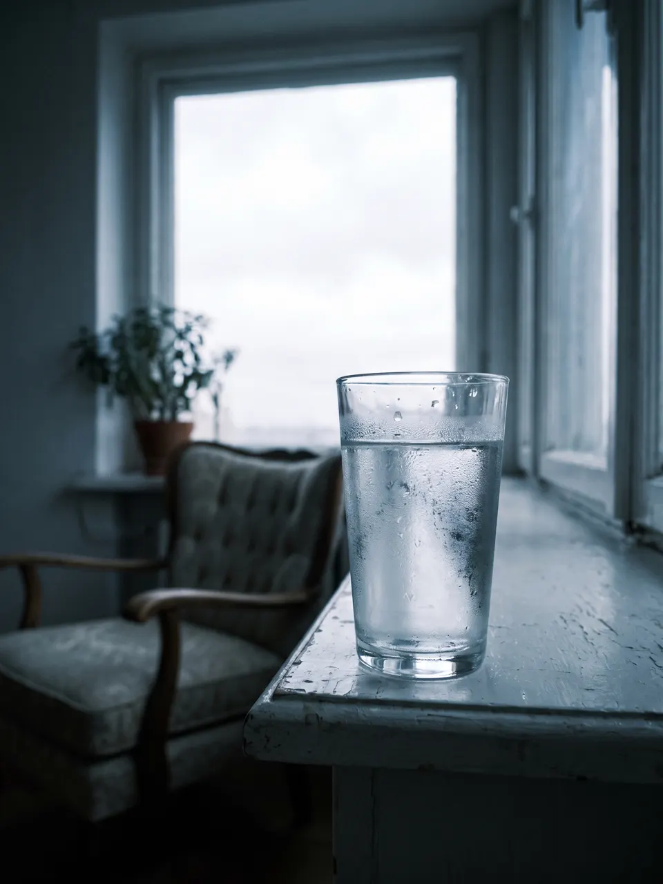 Un vaso de agua en el alfeizar de una ventana, a contraluz