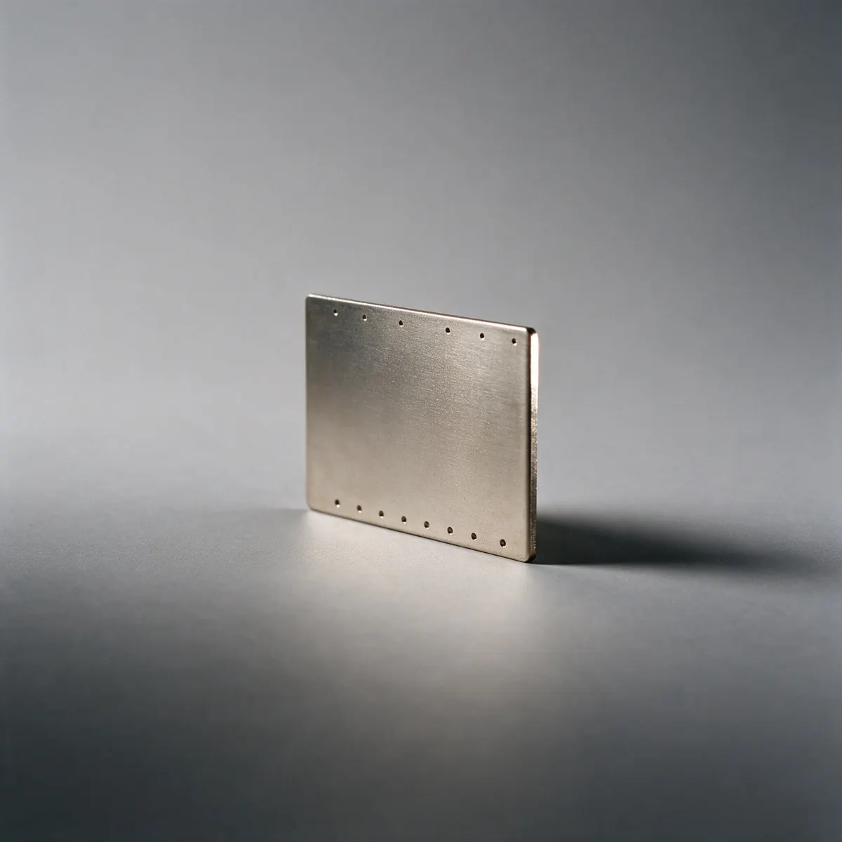 Una placa de titanio recubierta de platino, suelta, sobre fondo gris de estudio