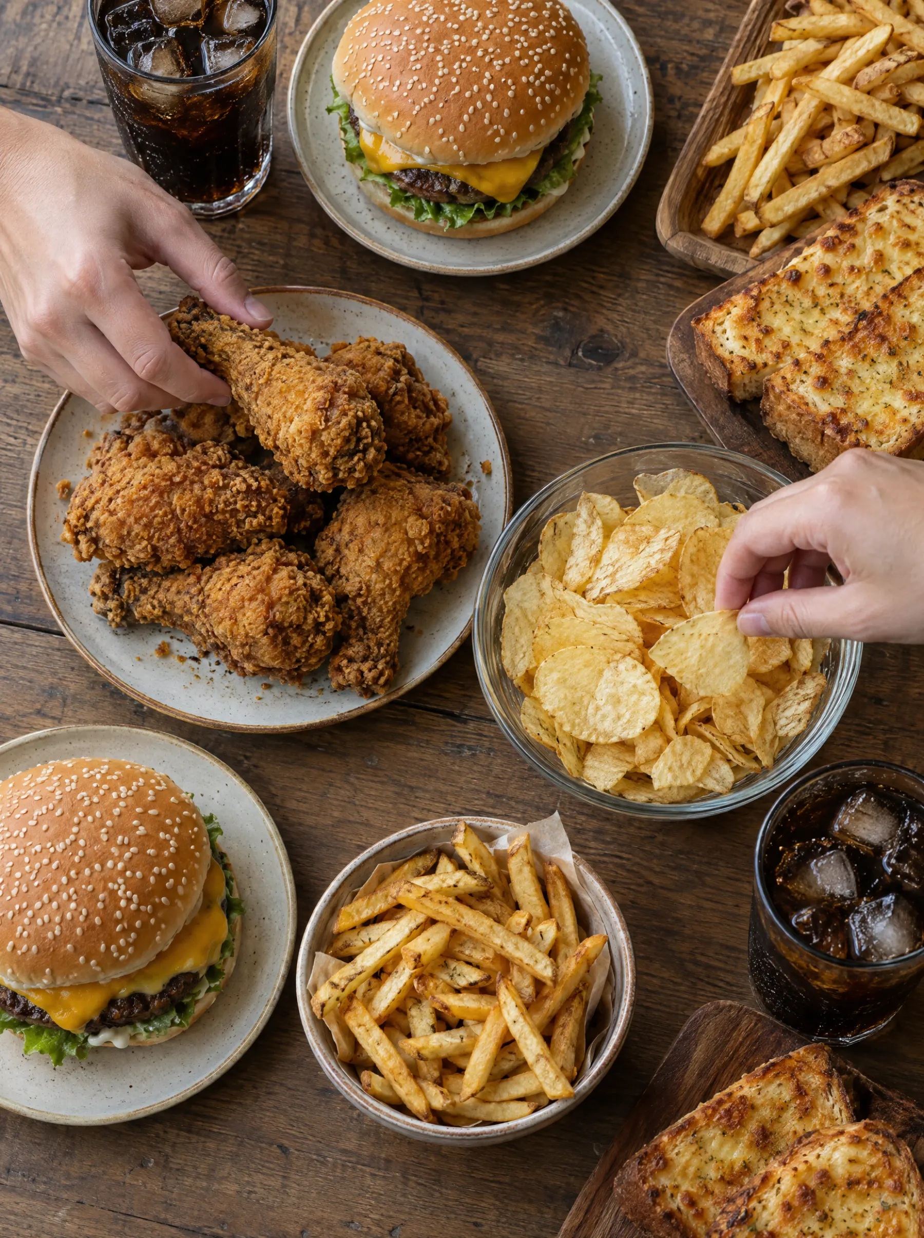 Mesa con hamburguesas, pollo frito, papas y refresco, vista desde arriba