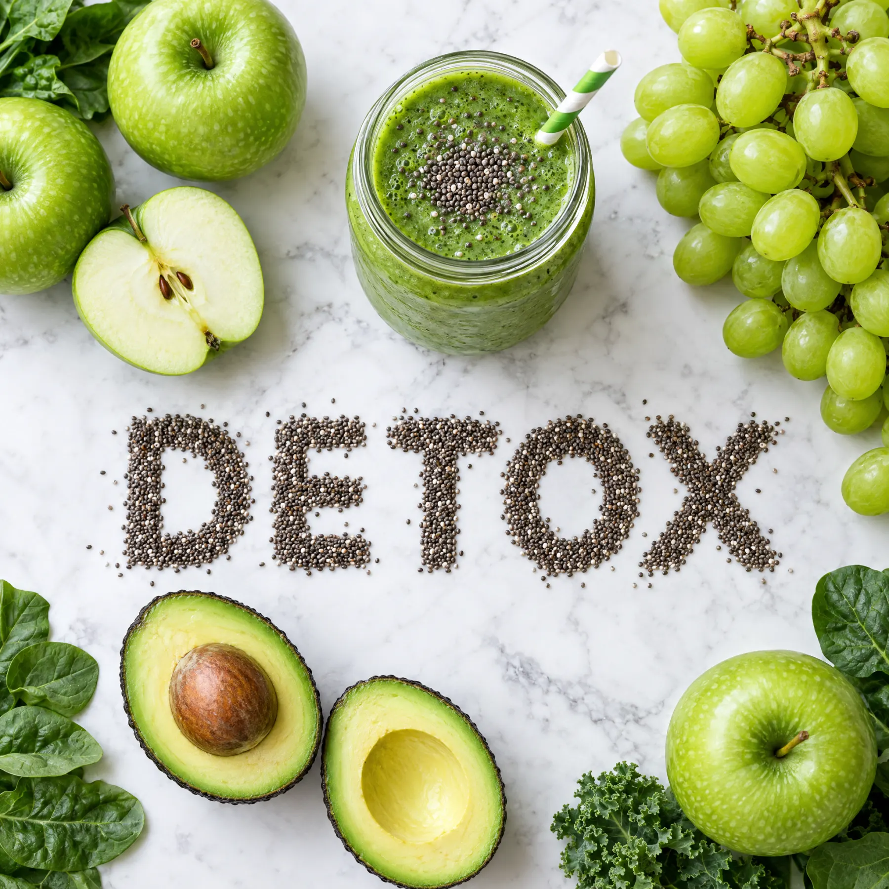La palabra DETOX escrita con chía junto a manzanas, uvas y aguacate